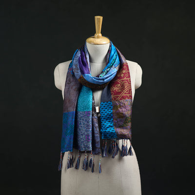 Pure Silk Reversible Patchwork Stole with Tassels 34