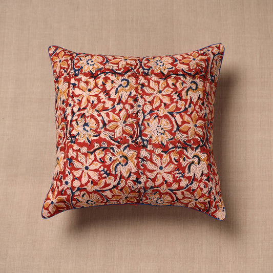 Red - Kalamkari Block Printed Cotton Cushion Cover (16 x 16 in)