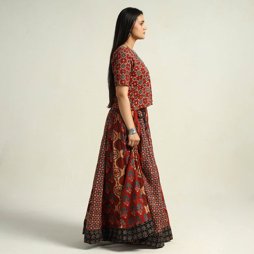 Red - Kutch Block Printed 24 Kali Cotton Long Skirt 27