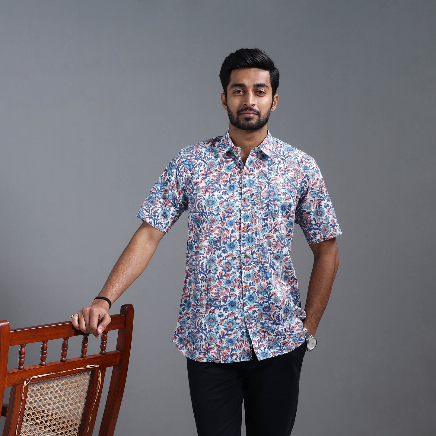 Multicolor - Sanganeri Block Printed Cotton Men Half Sleeve Shirt 16