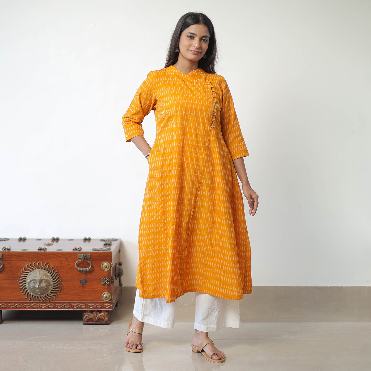 Yellow - Mercerised Cotton Pochampally Ikat Kurta (A-Line) 02