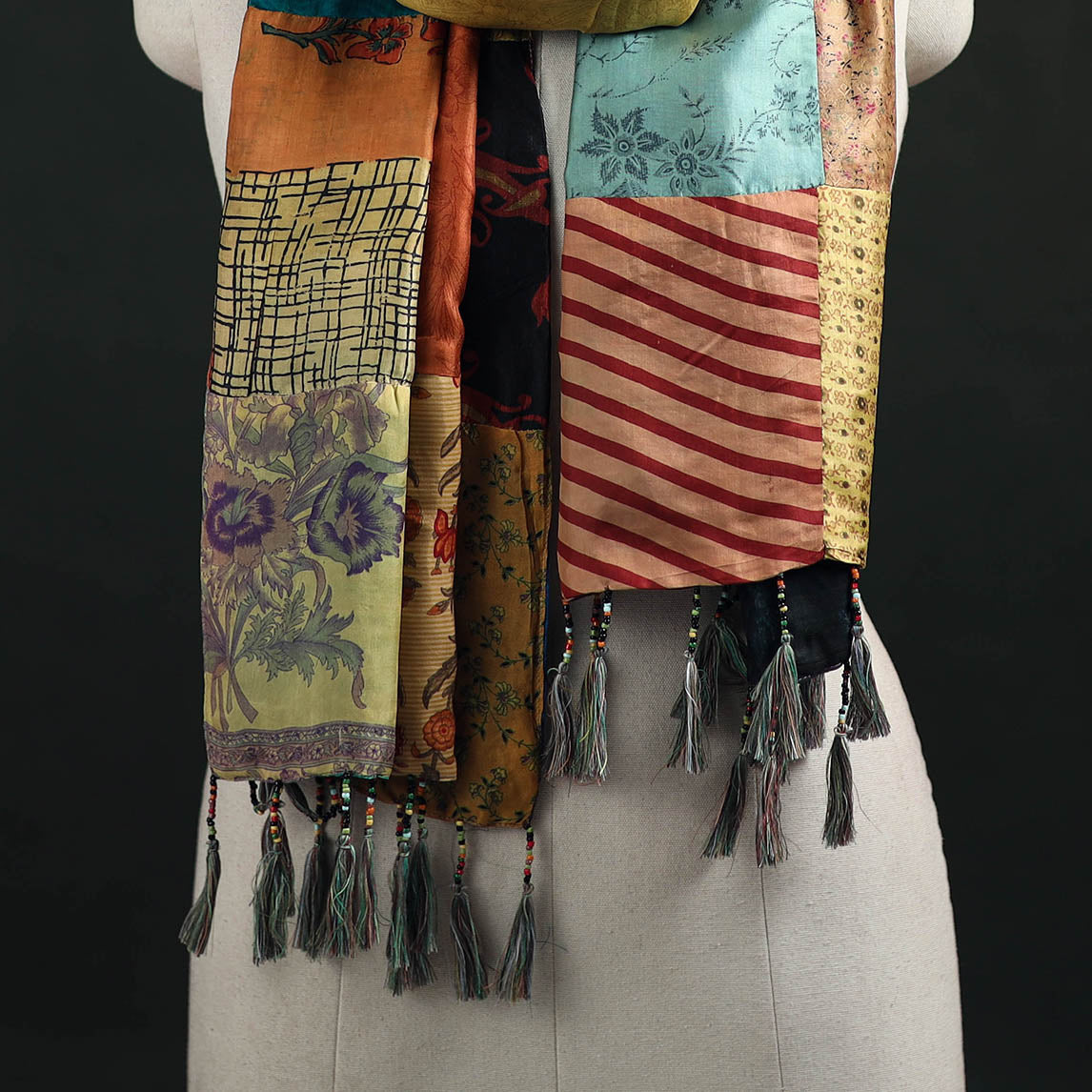 Pure Silk Reversible Patchwork Stole with Tassels 35