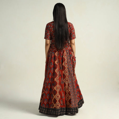 Red - Kutch Block Printed 24 Kali Cotton Long Skirt 27