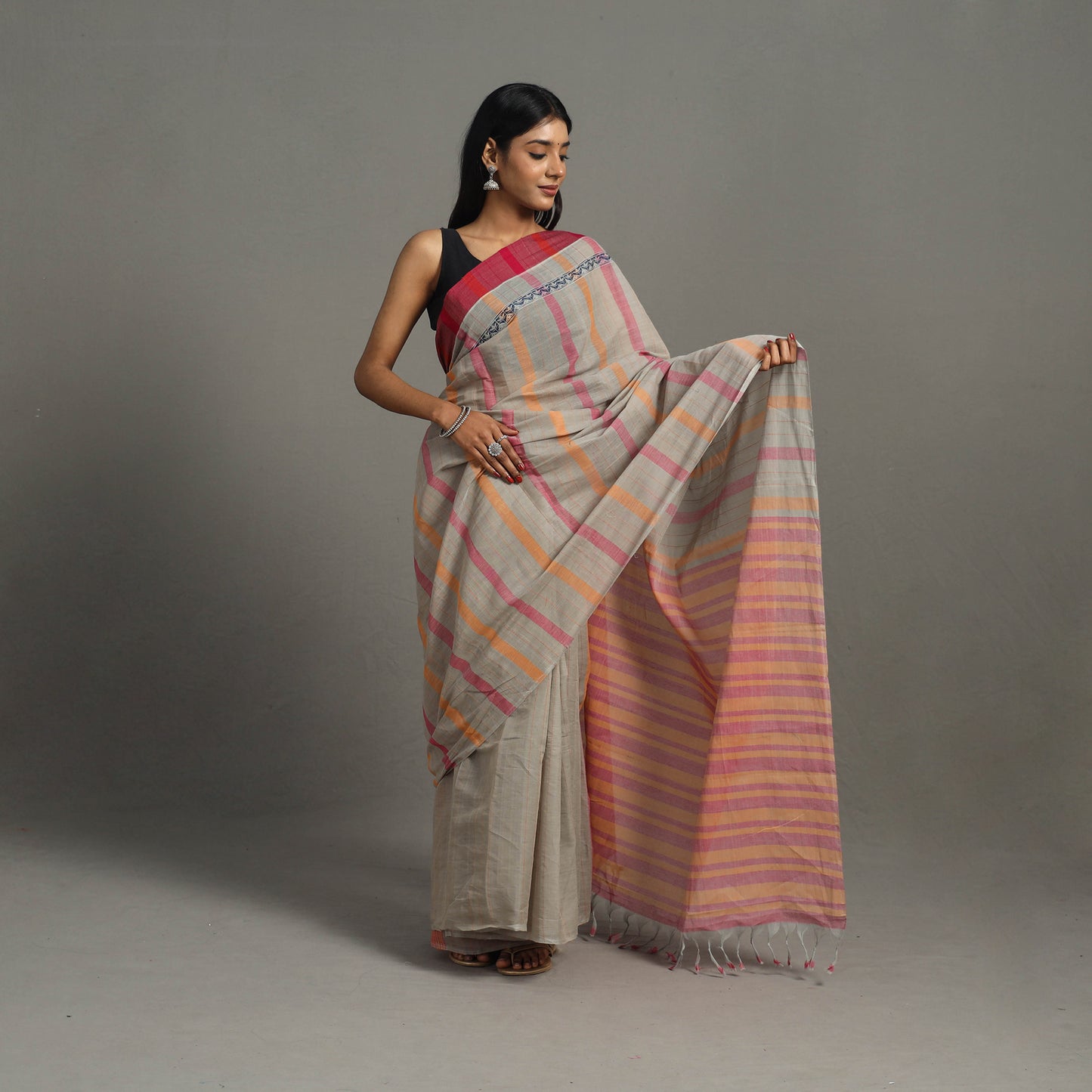 Grey - Lotus Cotton Handloom Saree 32