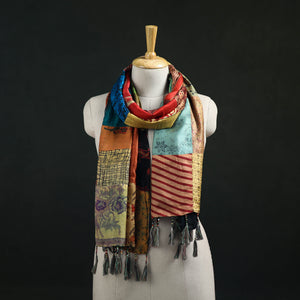 Multicolor - Pure Silk Reversible Patchwork Stole with Tassels 35