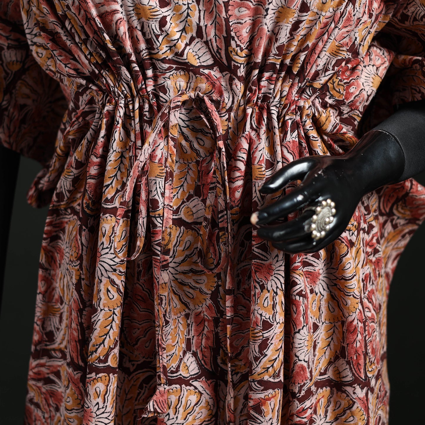 Maroon - Kalamkari Hand Block Print Natural Dyed Cotton Kaftan (Long) 08