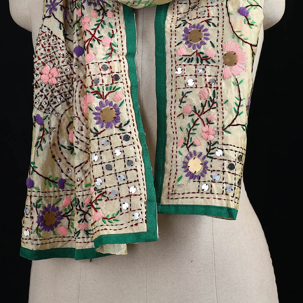 Beige - Ranihati Chanderi Silk Hand Embroidered Stole 117