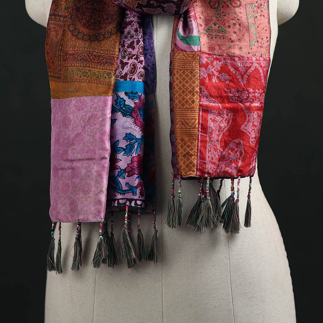 Pure Silk Reversible Patchwork Stole with Tassels 36