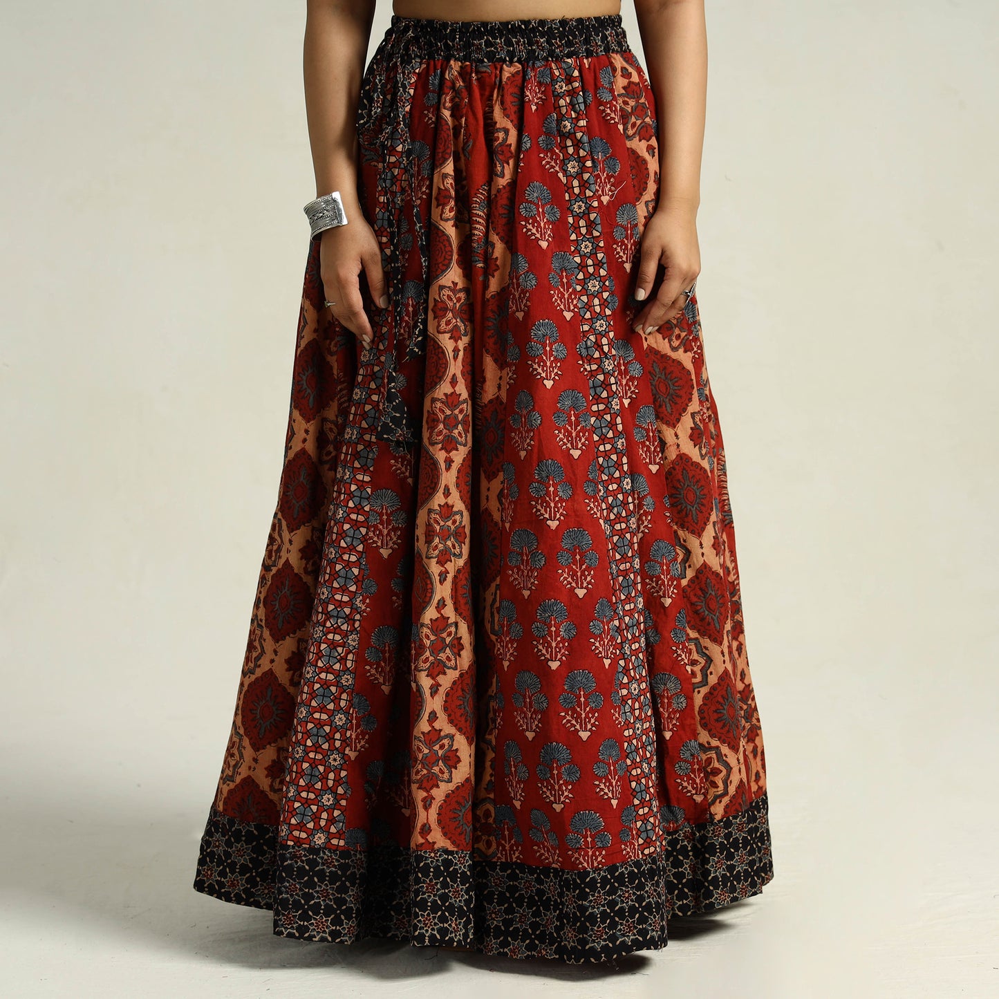 Red - Kutch Block Printed 24 Kali Cotton Long Skirt 27