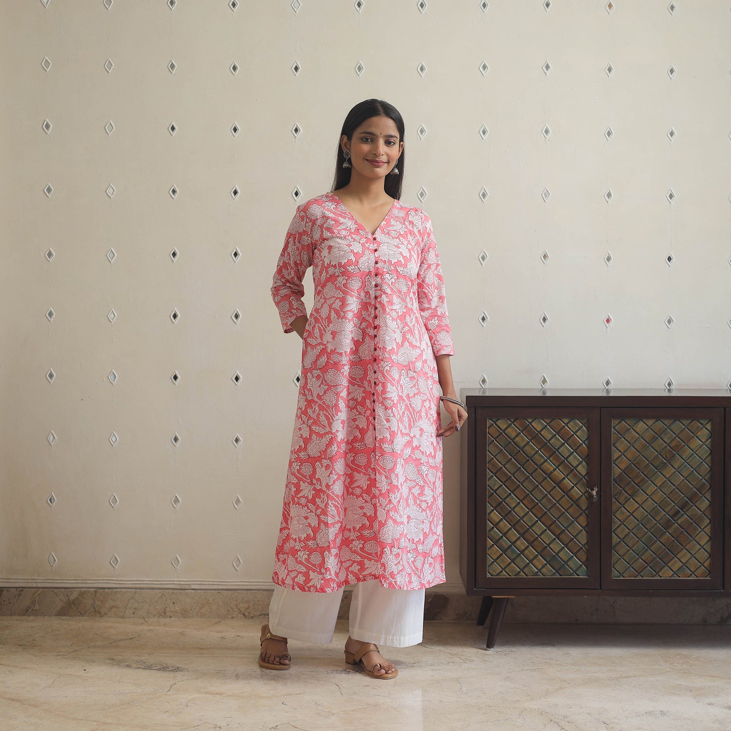 Pink - Sanganeri Block Printed Cotton Long Kurta
