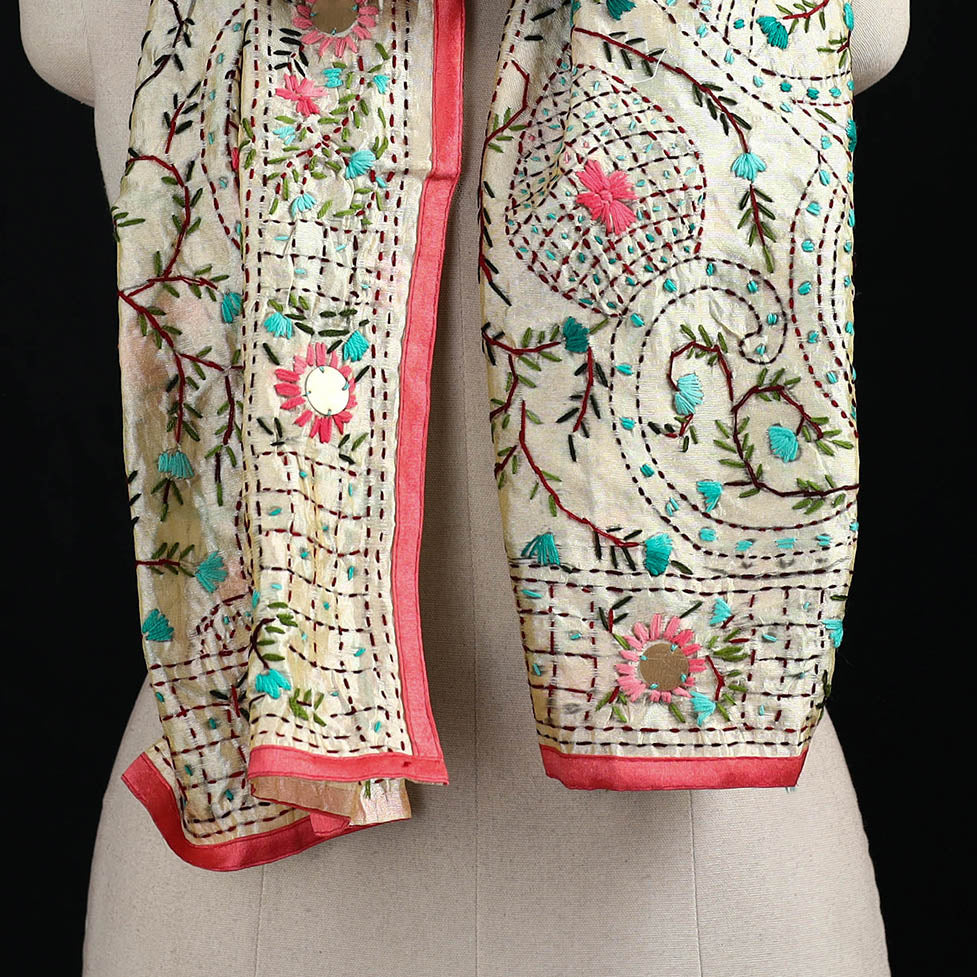 Beige - Ranihati Chanderi Silk Hand Embroidered Stole 118