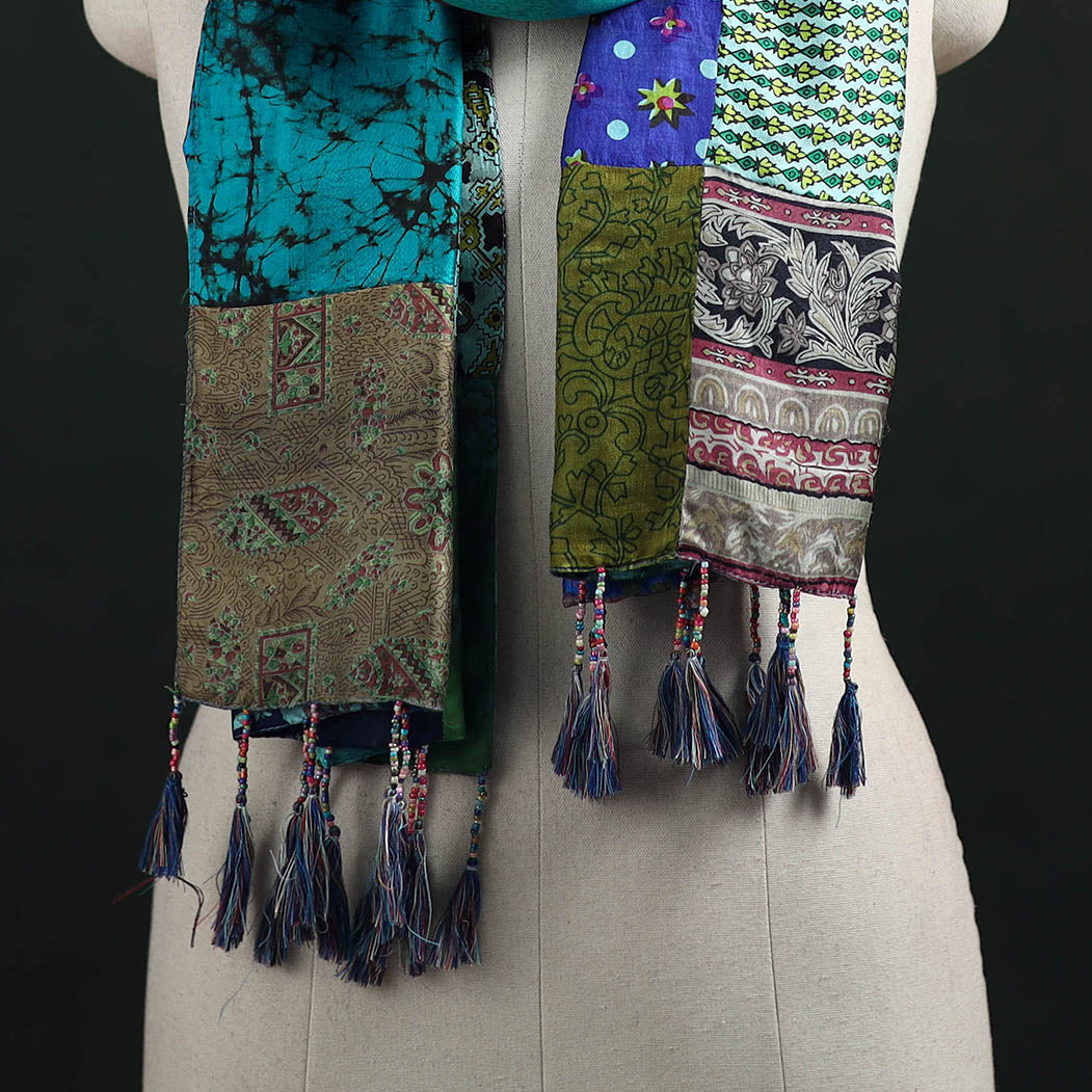 Pure Silk Reversible Patchwork Stole with Tassels 37