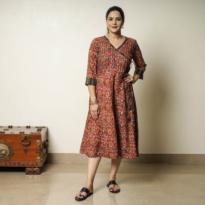 Red - Bagru Block Printed Cotton Angrakha Flared Dress 06