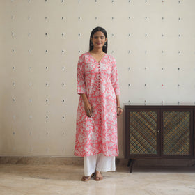 Pink - Sanganeri Block Printed Cotton Long Kurta