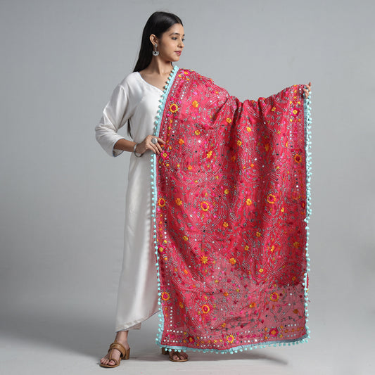 Pink - Ranihati Chanderi Silk Chapa Work Phulkari Embroidered Dupatta with Pom Pom 61