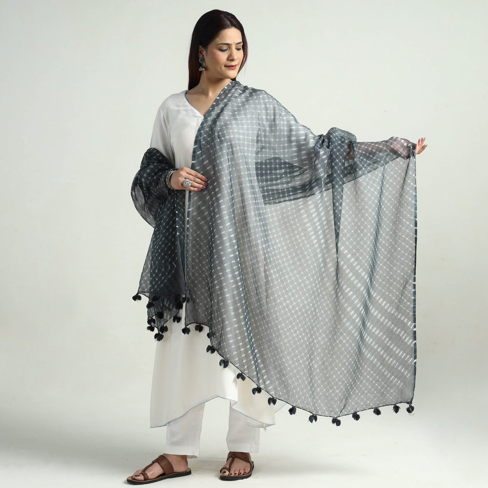 Black - Leheriya Tie-Dye Mothra Kota Doria Cotton Dupatta with Tassels 17