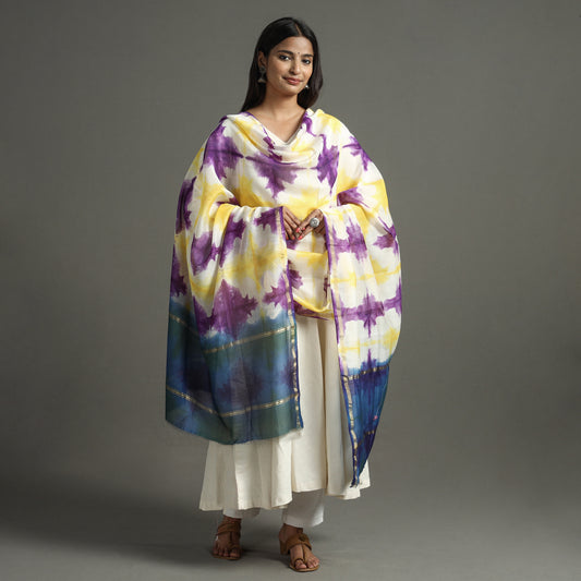 Multicolor - Shibori Tie-Dye Handloom Chanderi Silk Dupatta with Zari Border 39