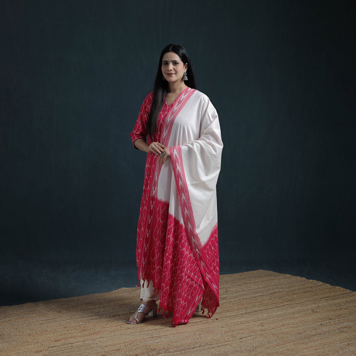 Pochampally Ikat Cotton Suit Set with Dupatta for Women 17