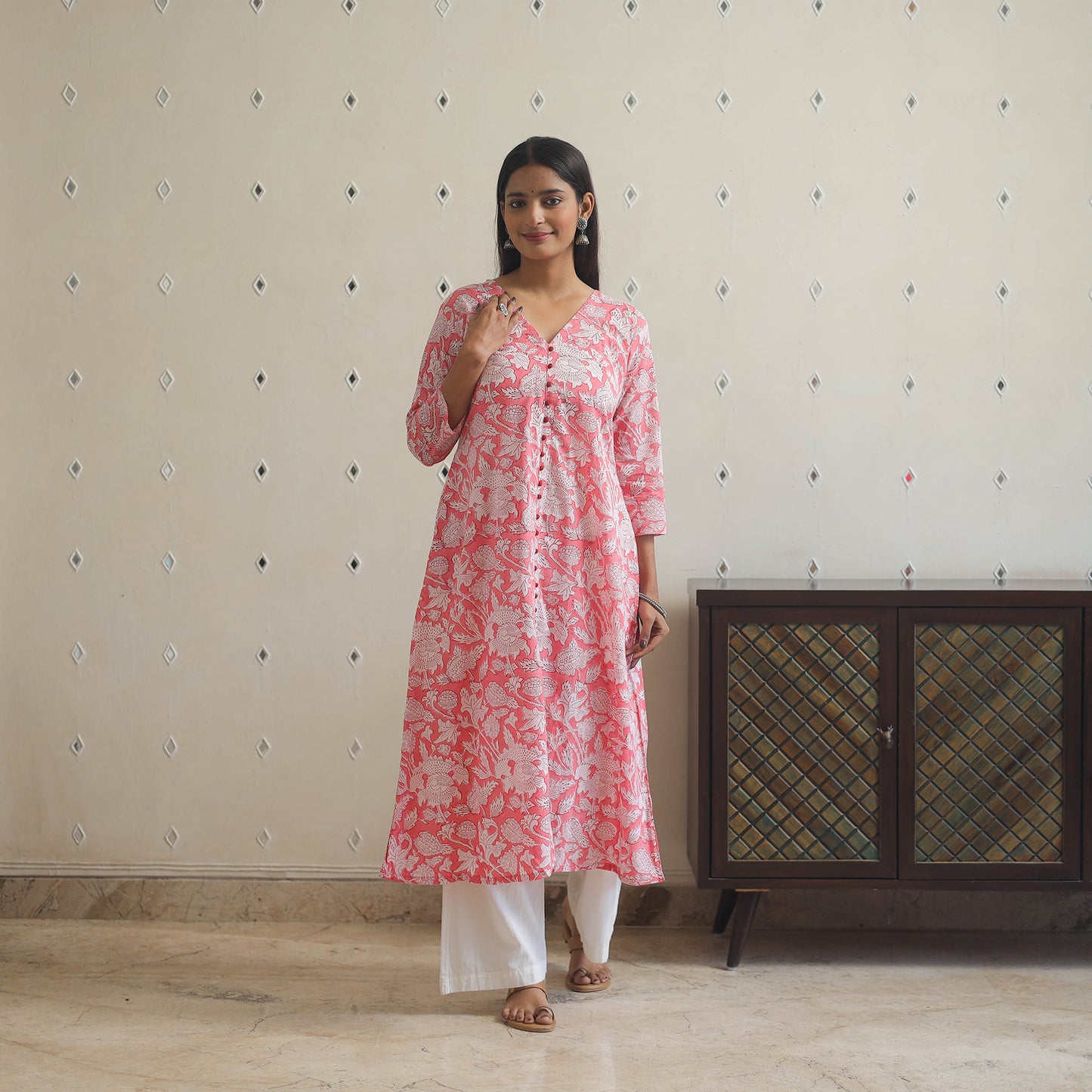 Pink - Sanganeri Block Printed Cotton Long Kurta