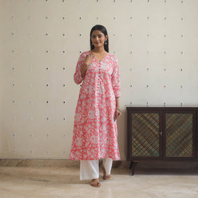 Pink - Sanganeri Block Printed Cotton Long Kurta