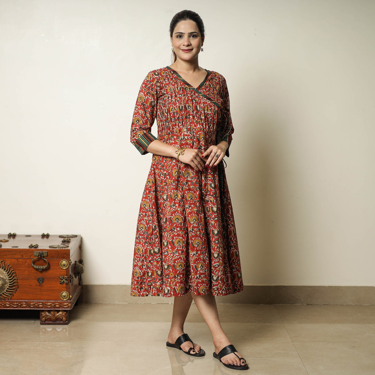 Red - Bagru Block Printed Cotton Angrakha Flared Dress 06