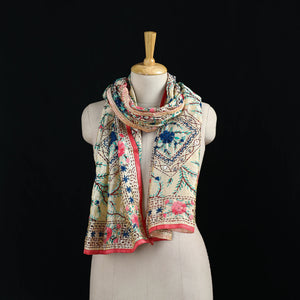 Beige - Ranihati Chanderi Silk Hand Embroidered Stole 119