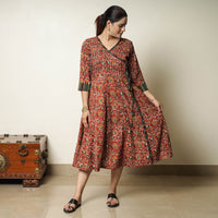 Red - Bagru Block Printed Cotton Angrakha Flared Dress 06