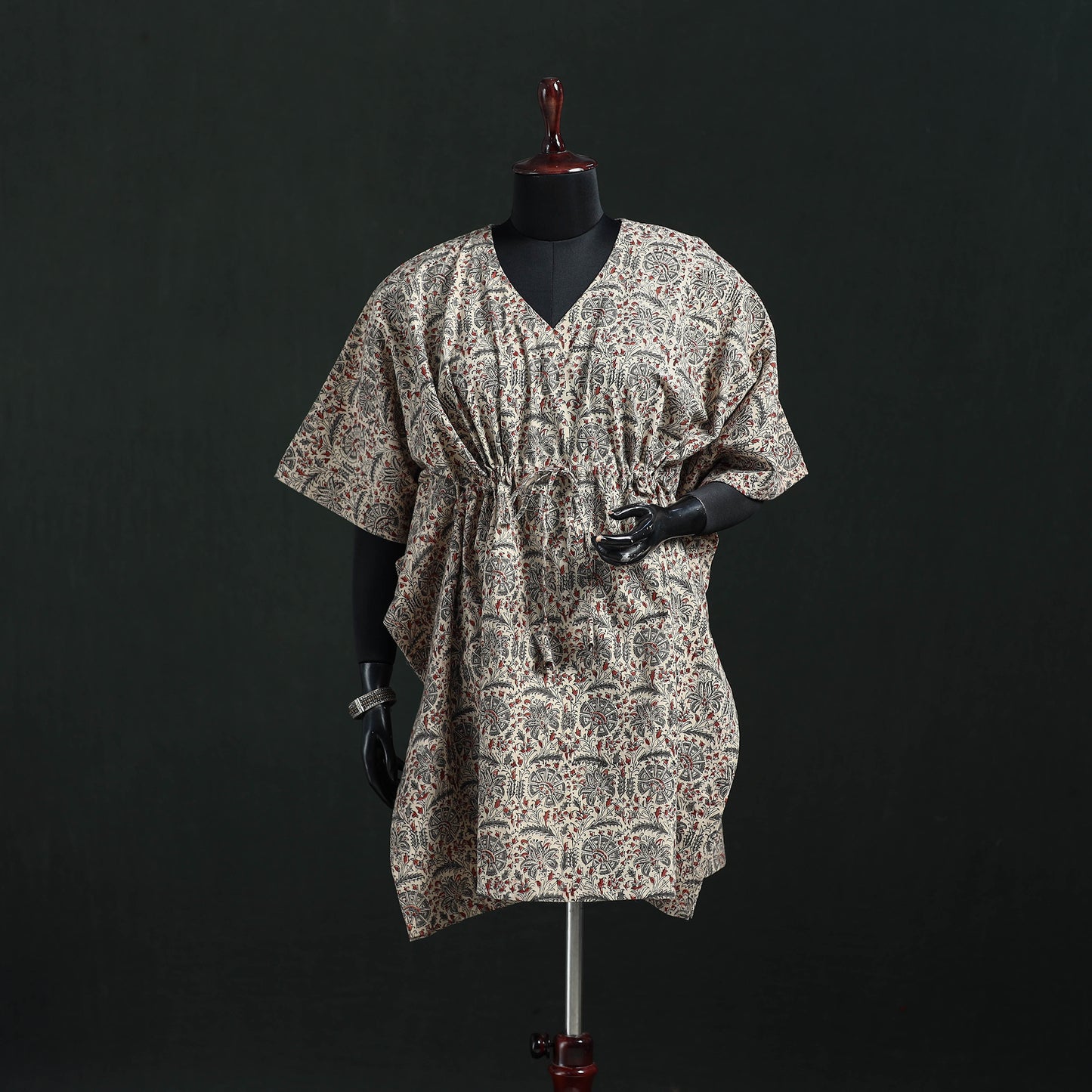 Beige - Kalamkari Hand Block Print Natural Dyed Cotton Kaftan (Medium) 09