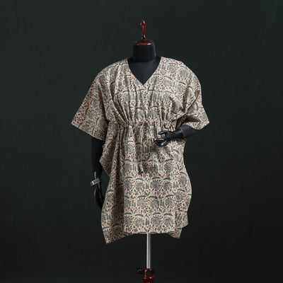 Beige - Kalamkari Hand Block Print Natural Dyed Cotton Kaftan (Medium) 09