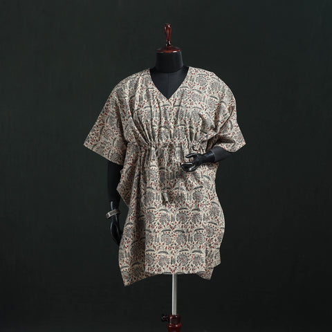 Beige - Kalamkari Hand Block Print Natural Dyed Cotton Kaftan (Medium) 09