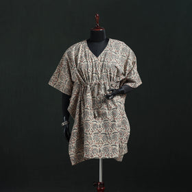 Beige - Kalamkari Hand Block Print Natural Dyed Cotton Kaftan (Medium) 09