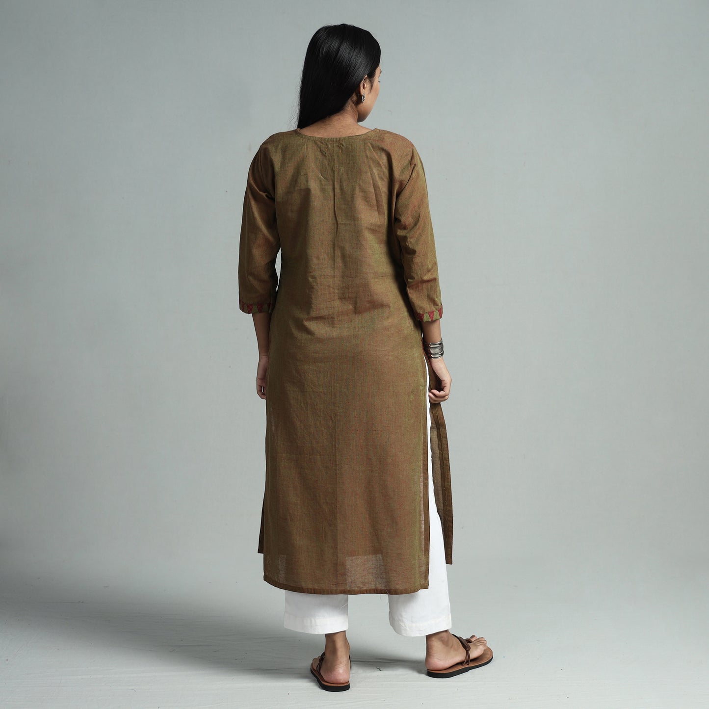 Brown - Dharwad Cotton Straight Kurta with Jacquard Patchwork