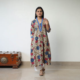 Brown - Printed Cotton Flared Kalamkari Kurta with Patchwork 05