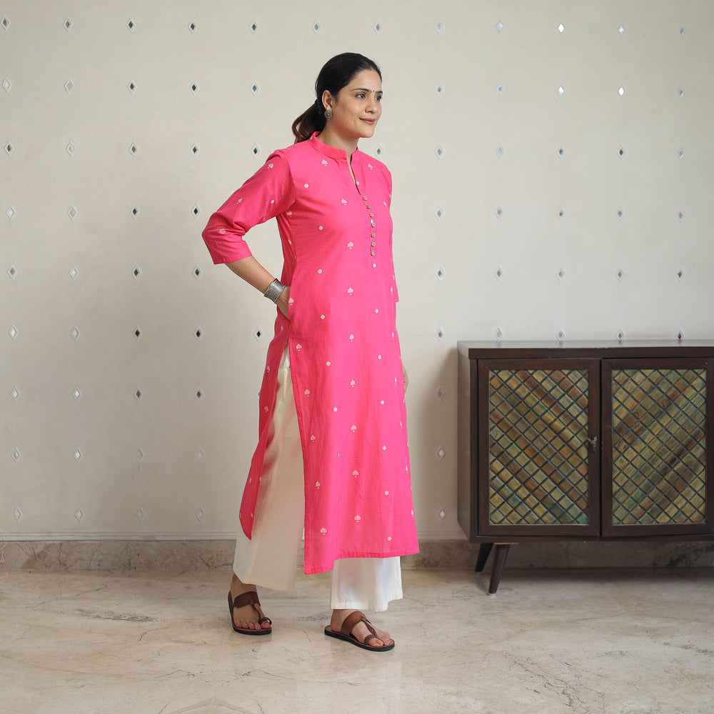 Pink - Jacquard Cotton Straight Kurta 15