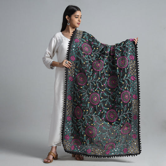 Black - Ranihati Chanderi Silk Chapa Work Phulkari Embroidered Dupatta with Pom Pom 62