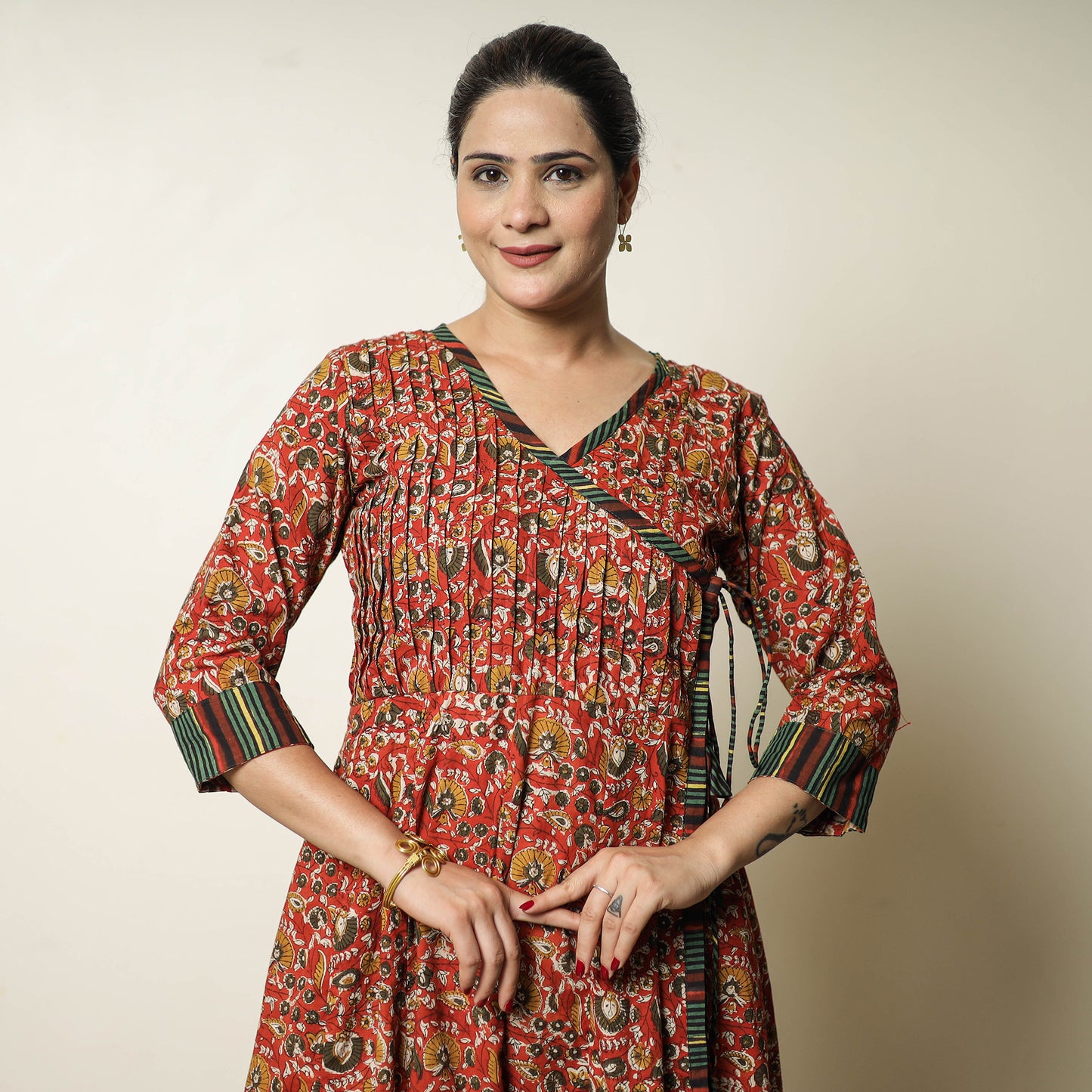 Red - Bagru Block Printed Cotton Angrakha Flared Dress 06