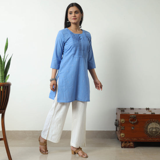 Blue - Jacquard Cotton Pintuck Short Kurta 34