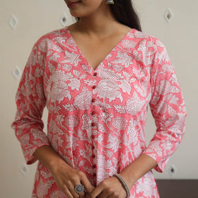 Pink - Sanganeri Block Printed Cotton Long Kurta