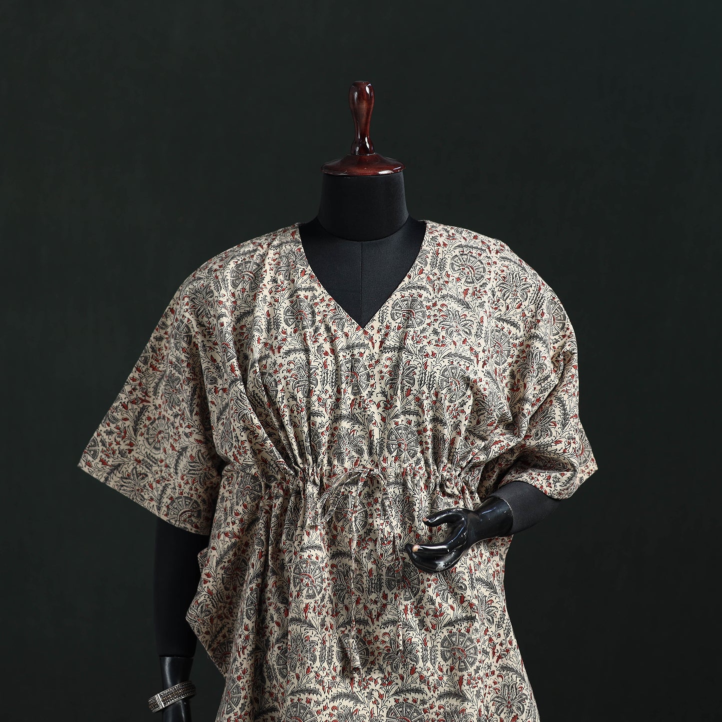 Beige - Kalamkari Hand Block Print Natural Dyed Cotton Kaftan (Medium) 09