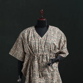 Beige - Kalamkari Hand Block Print Natural Dyed Cotton Kaftan (Medium) 09