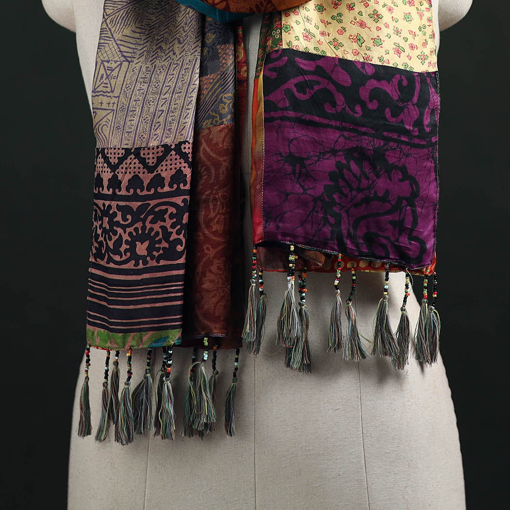 Pure Silk Reversible Patchwork Stole with Tassels 42