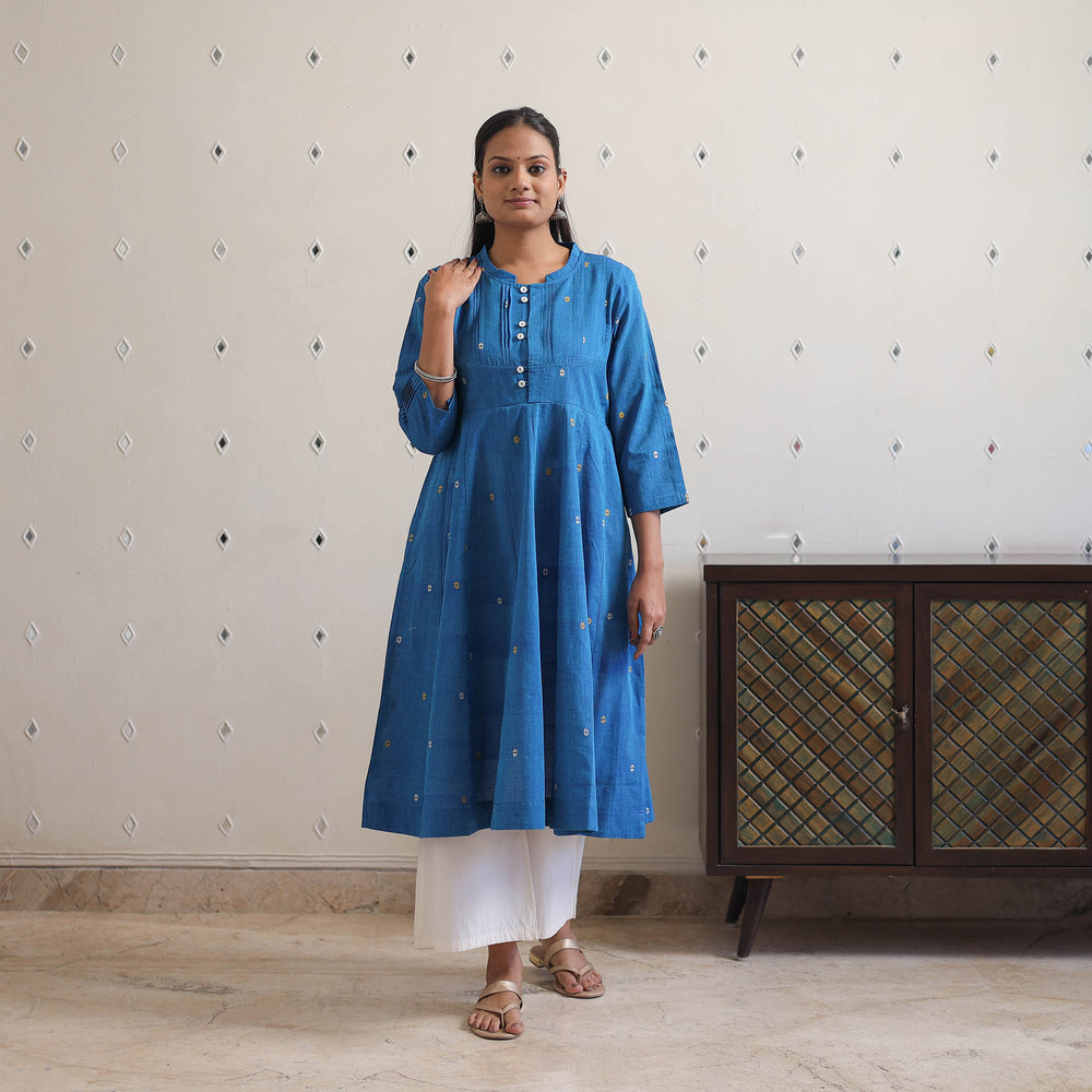 Blue - Handwoven Cotton Anarkali Jamdani Kurta 16