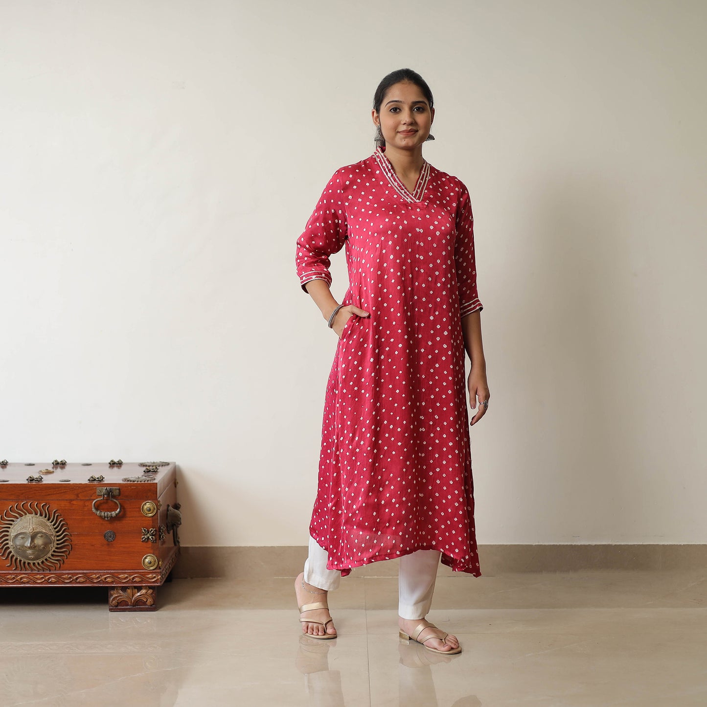 Pink - Tie & dye Modal Silk A-Line Bandhani Kurta 13