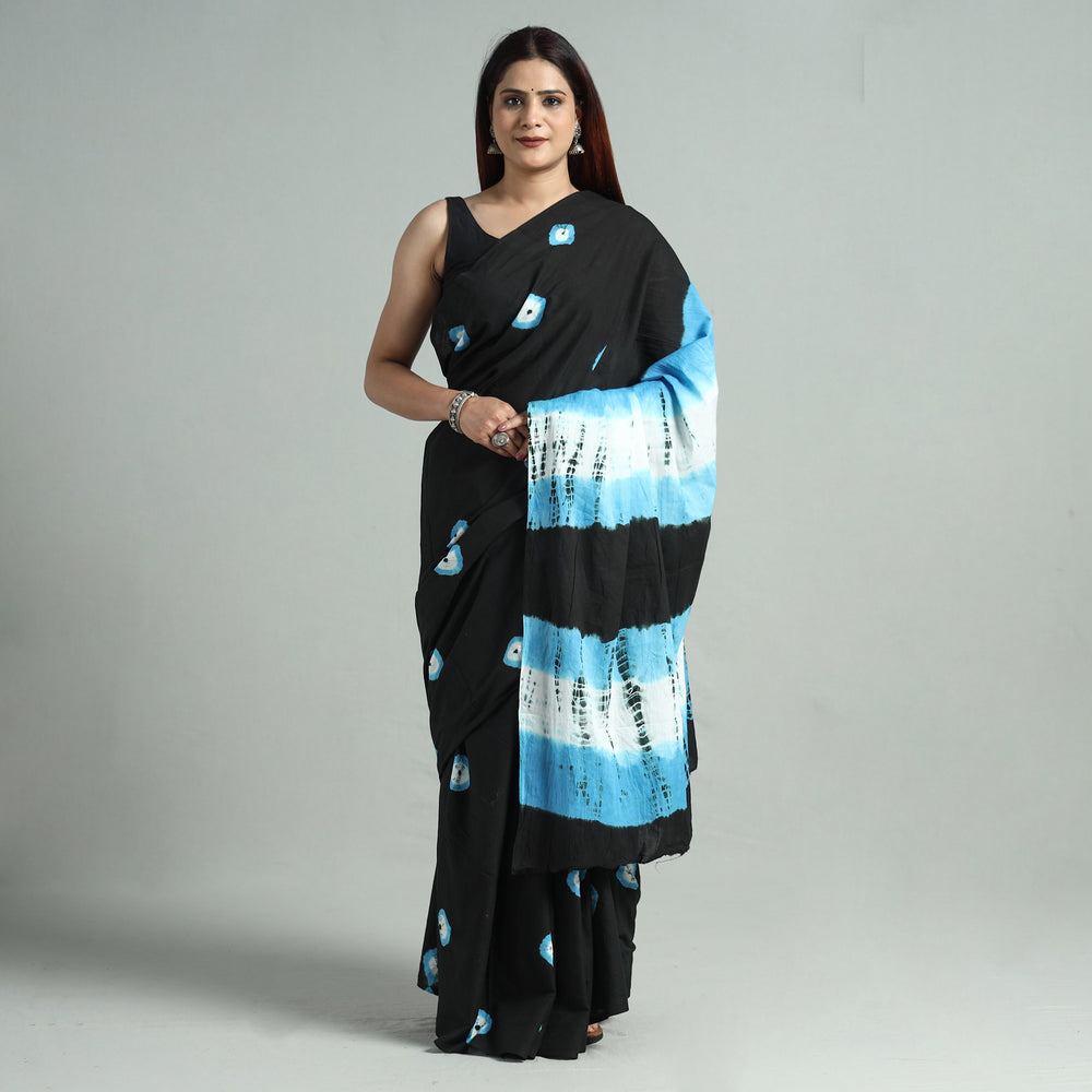 Black - Shibori Tie-Dye Cotton Saree with Blouse Piece 17