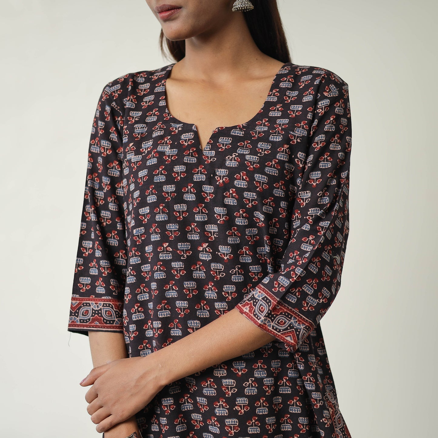 Black - Block Printed Cotton Straight Ajrakh Kurta 14