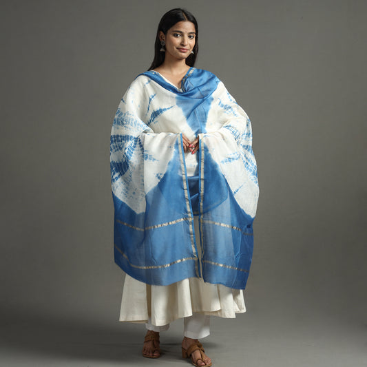 Blue -Shibori Tie-Dye Handloom Chanderi Silk Dupatta with Zari Border 40