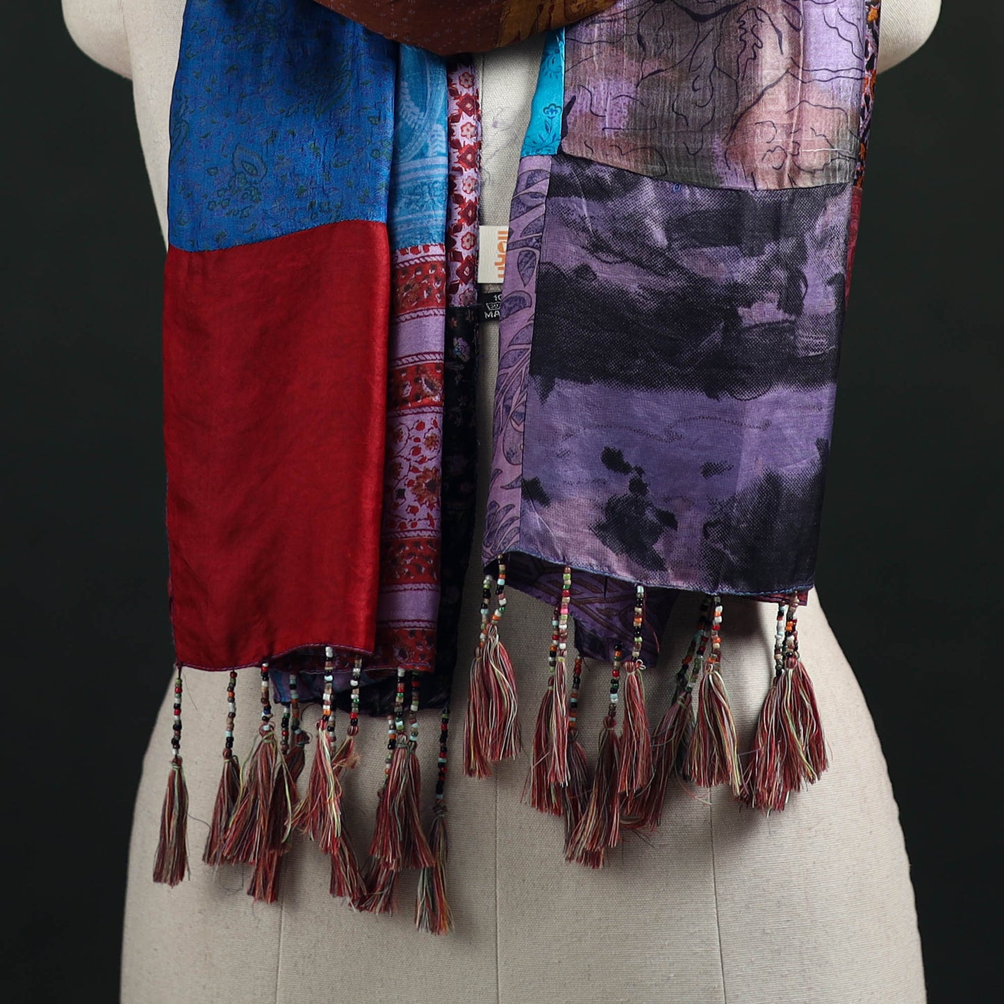 Pure Silk Reversible Patchwork Stole with Tassels 43