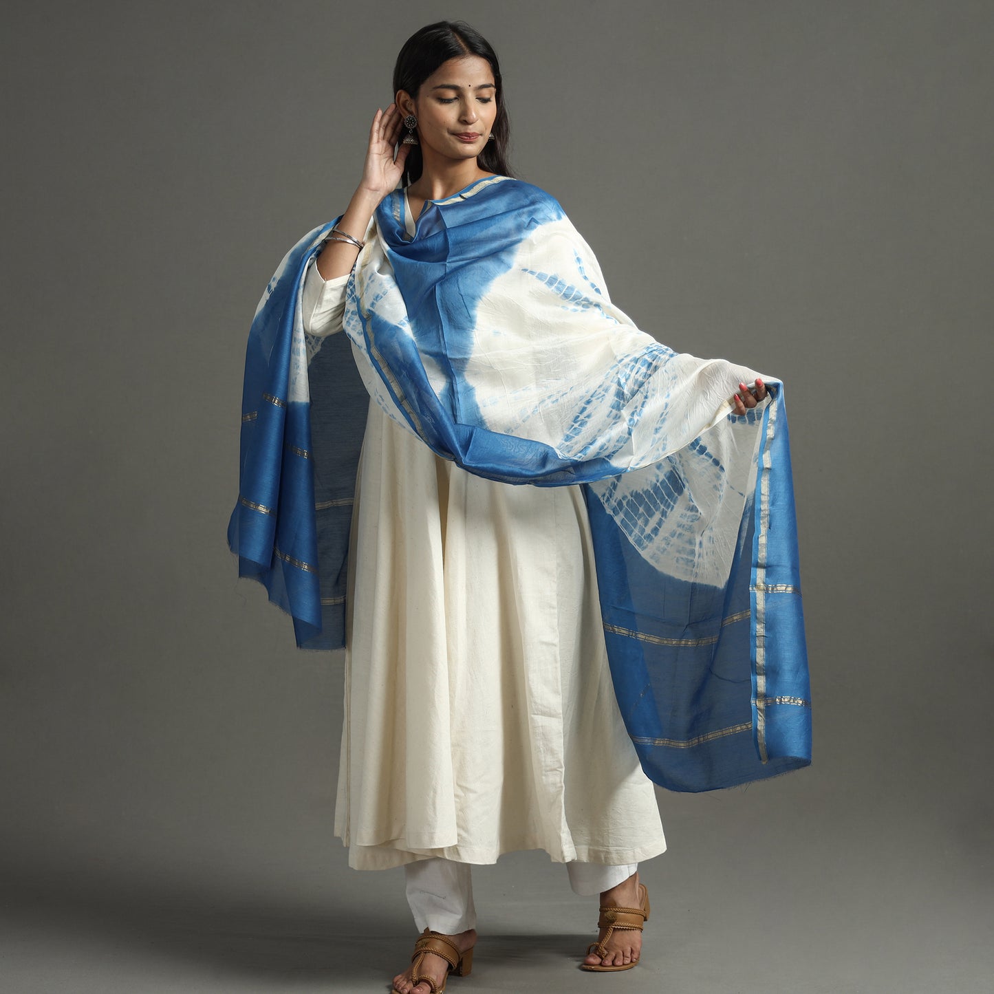 Blue -Shibori Tie-Dye Handloom Chanderi Silk Dupatta with Zari Border 40