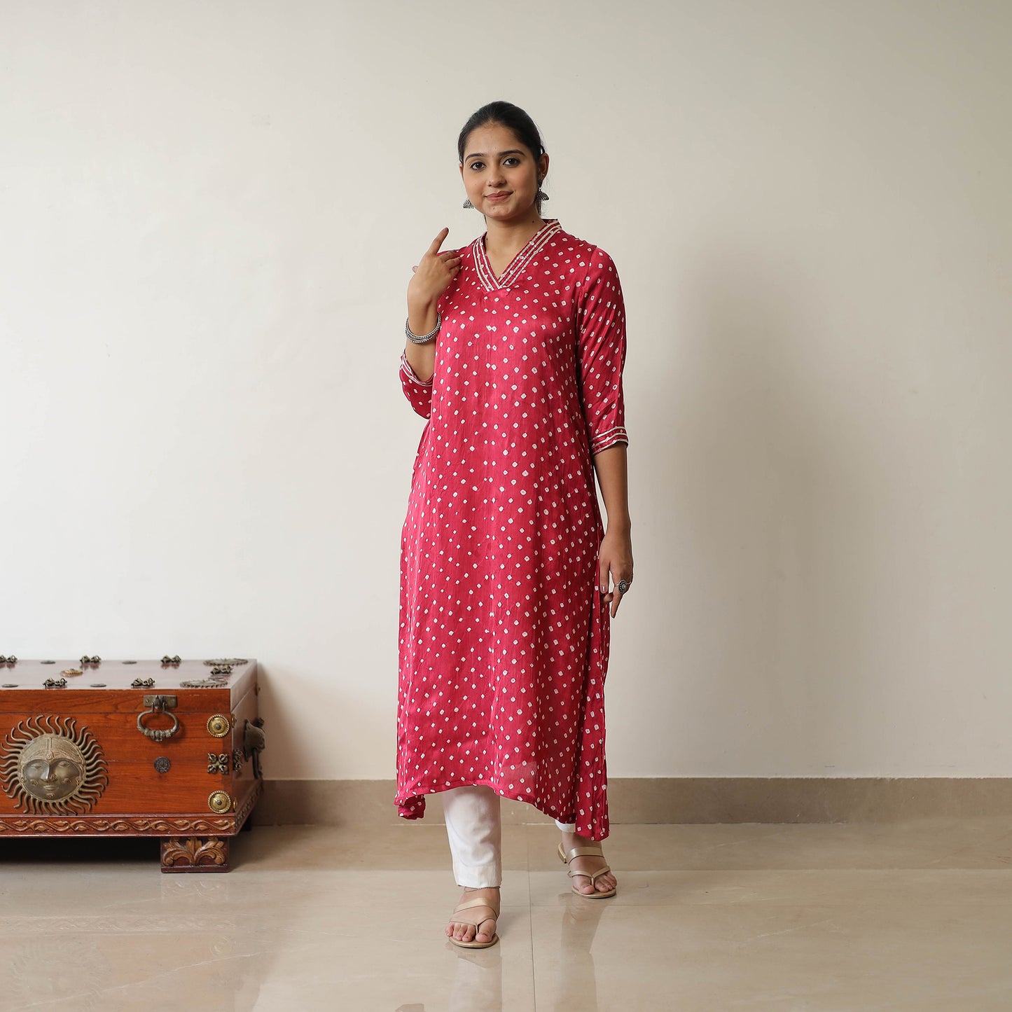 Pink - Tie & dye Modal Silk A-Line Bandhani Kurta 13