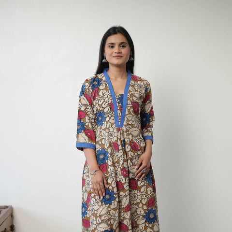 Brown - Printed Cotton Flared Kalamkari Kurta with Patchwork 05